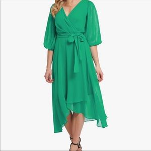 DKNY Chiffon 3/4 Balloon Sleeve V-Neck Tie Waist Faux Wrap Dress